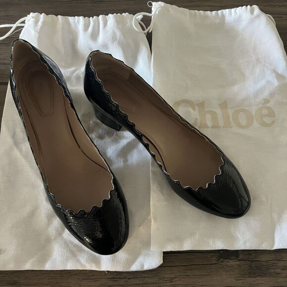Chloe Lauren Black Patent Shiny Leather Scalloped Trim Block Heel Pumps Size 38 - Picture 13 of 13
